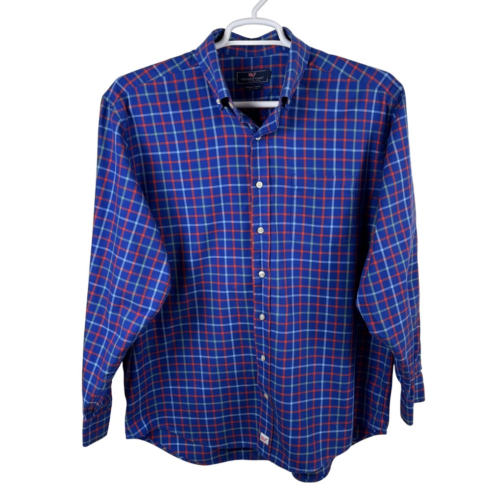 Vineyard Vines Murray Shirt Mens L Blue Red Plaid Button-Down Cotton Long-Sleeve